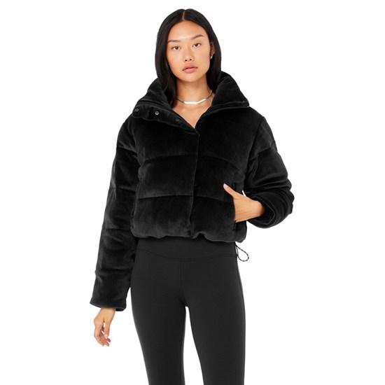 Chaquetas Alo Yoga Ribbed Velour Gold Rush Puffer Mujer Negros | 1785SEPKQ