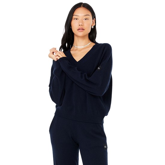 Pullover Alo Yoga Cashmere Jet Set V-Neck Mujer Azules | 3850EBHKL