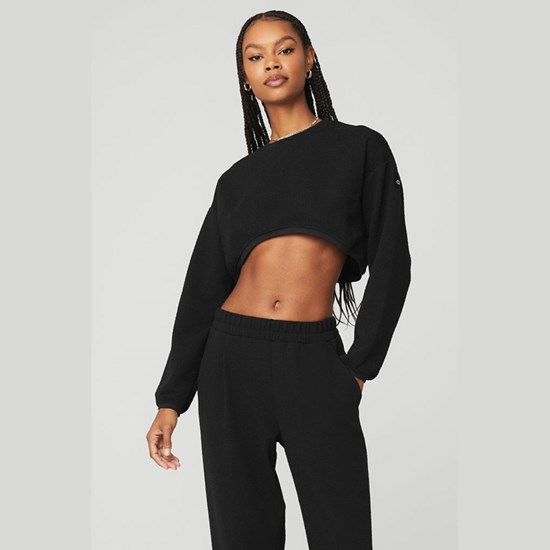 Sweatshirt Alo Yoga Cropped Tailored Crew Neck Mujer Negros | 5942ZESBJ