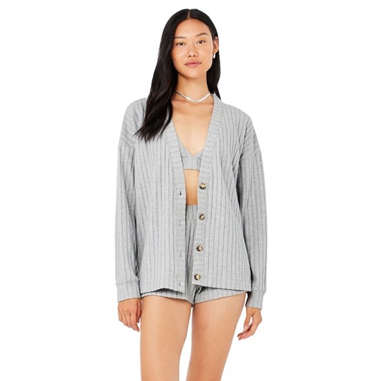 Sweatshirt Alo Yoga Ribbed Take Comodidad Cardigan Mujer Grises | 9180MEBRI